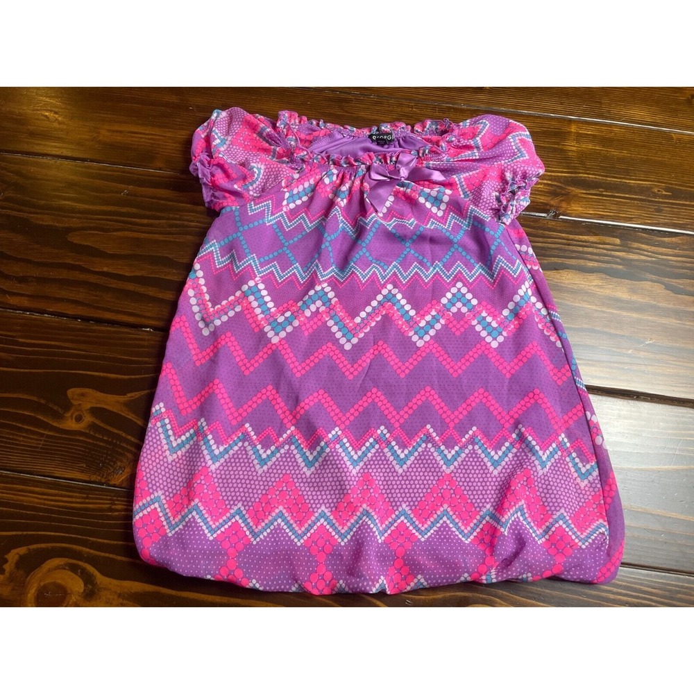 George Shirt Girls Size 10-12 Purple Puff Sleeve Zig Zag Polka Dots Ruffle Neck